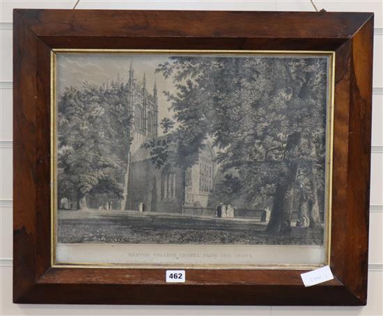 Skelton after Mackenzie, rosewood framed engraving, Merton College Chapel from the Grove, 35 x 45cm.